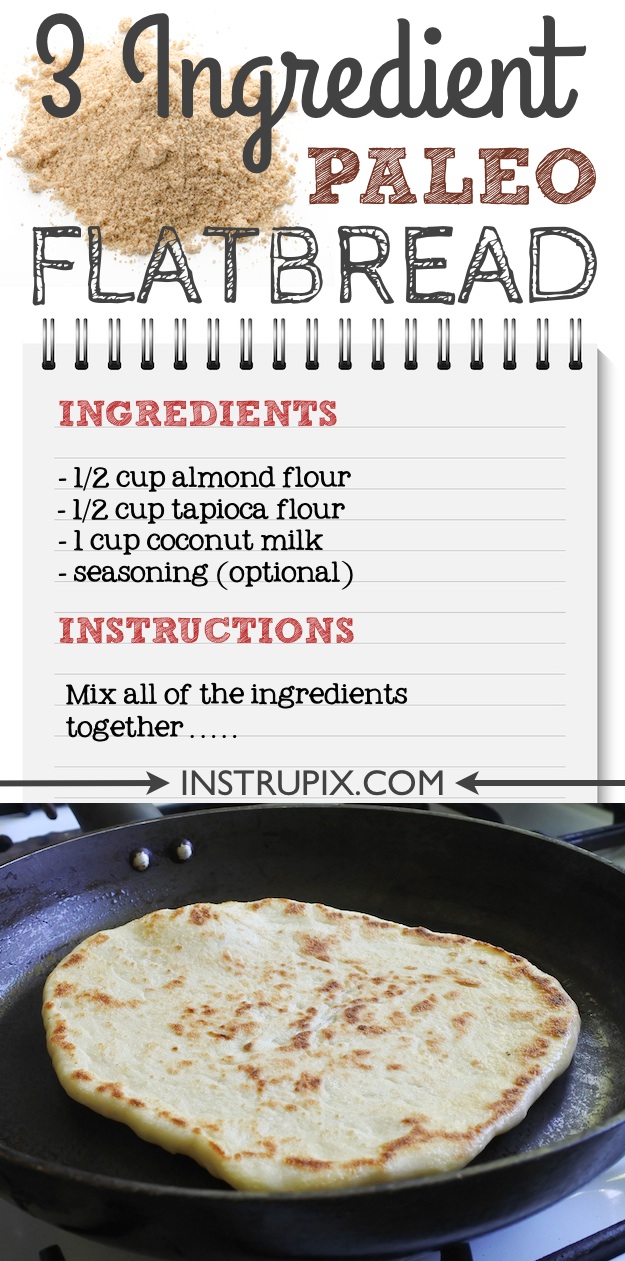 Easy, 3 Ingredient, healthy Paleo Flatbread Recipe made with almond flour, tapioca flour and coconut milk (no yeast!). Use it as a wrap or for mini pizzas! You'd never guess it's gluten-free. | Instrupix.com 