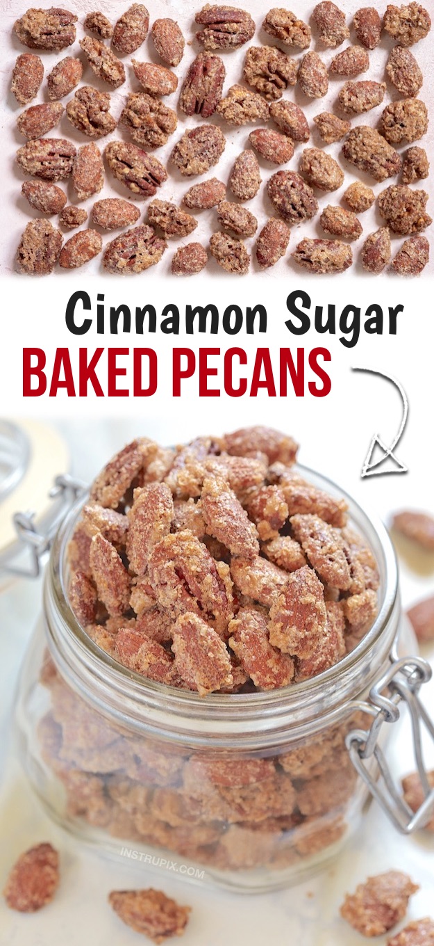 Looking for Christmas food ideas for parties or famiy gatherings? These cinnamon sugar pecans and almonds are the BEST holiday snacks and treats for a crowd! A quick and easy make ahead party finger food and appetizer everyone will love. Made with simple ingredients that you probably already have. Kids and adults love these candied pecans for the holidays including fall, Thanksgiving and Christmas. Fun and easy to make in the oven! Great for holidays gifts, too. #christmas #instrupix #pecans