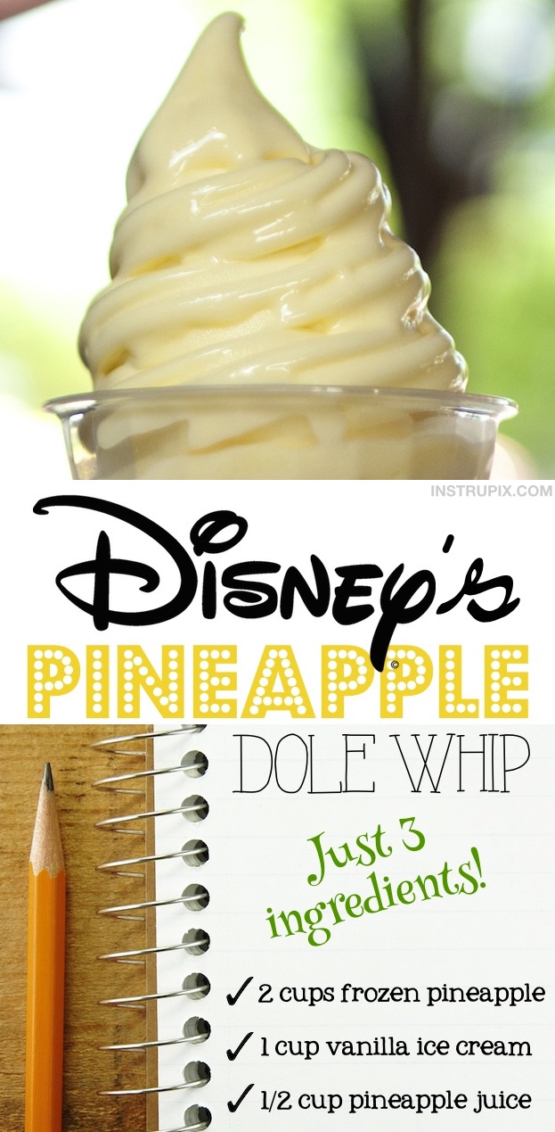 Quick and easy copycat Disney Dole Whip Recipe made with just ingredients! Frozen pineapple, vanilla ice cream and pineapple juice. So simple to make! An easy summer dessert recipe while hanging out by the pool. Kids love this cold treat! #instrupix 