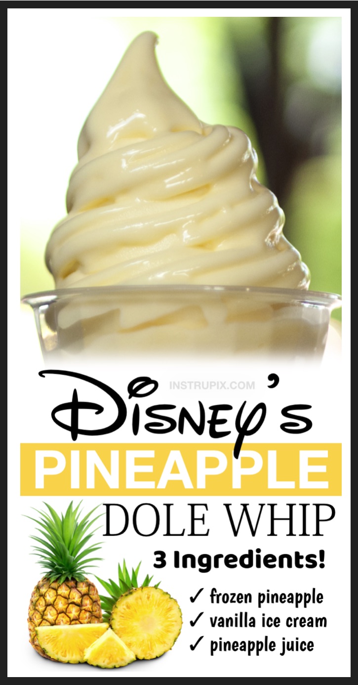 Looking for easy summer desserts to make for kids? Oh my goodness, this copycat pinepple dole whip from Disney is amazing! It's basically like a pineapple frosty or soft serve ice cream. It's so delicious especially on a hot summer day by the pool. And it's made with just 3 ingredients: frozen pineapple chunks, vanilla ice cream and pineapple juice. It's like a dream come true! Just quickly whip it up in your blender for the best treat, ever.