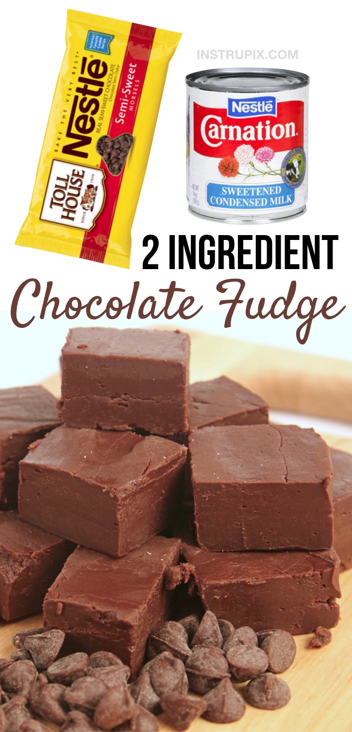 Looking for quick and easy homemade chocolate dessert recipes? This is the best fudge recipe made with just 2 simple ingredients! It's the perfect little no bake treat for the family or even to feed a crowd at parties or over the holidays. It's cheap to make with just chocolate chips and condensed milk. This easy fudge recipe is incredibly rich and comforting. It just melts in your mouth! So simple, but yet can be made fancy for a party. Super addicting! #chocolate #desserts #fudge #instrupix 