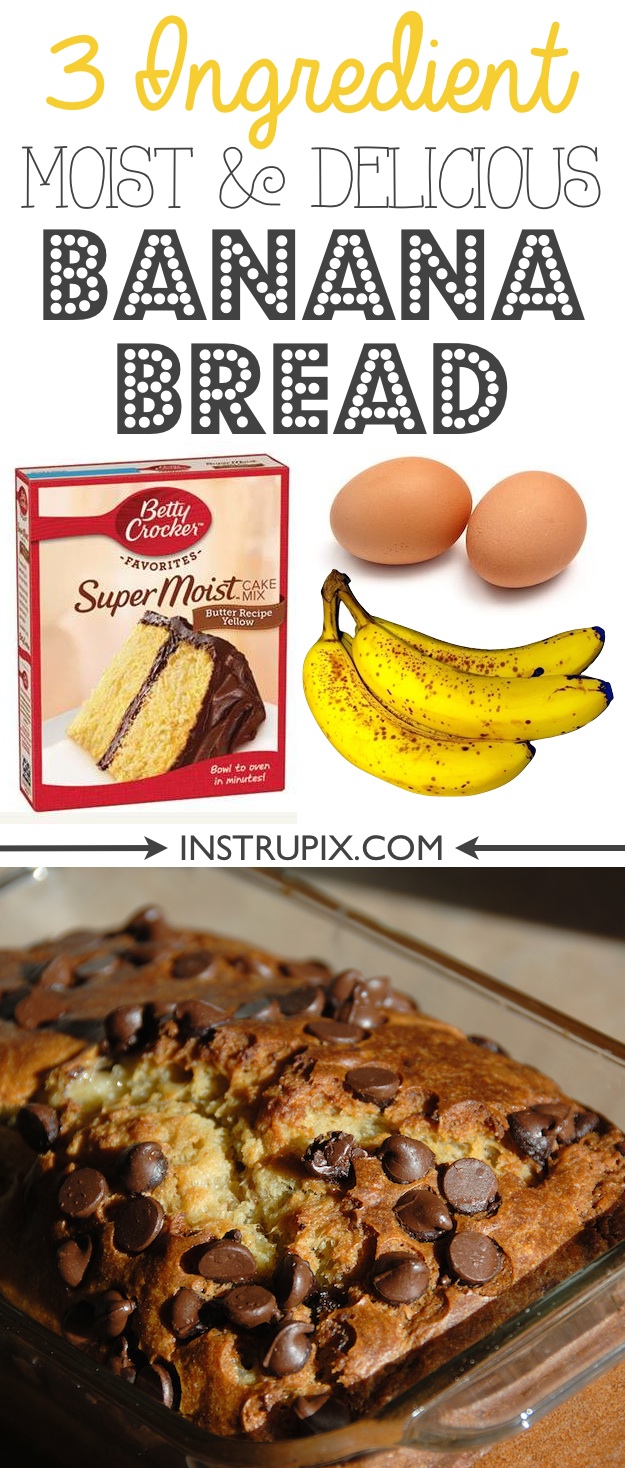 This easy banana bread is so moist and delicious you would never guess that it's made with just 3 simple ingredients! Cake mix, ripe bananas and eggs! Feel free to add in the mix-ins of your choice (chocolate chips, walnuts, pecans, cinnamon, etc.). You can also make the batter into muffins. | Instrupix.com