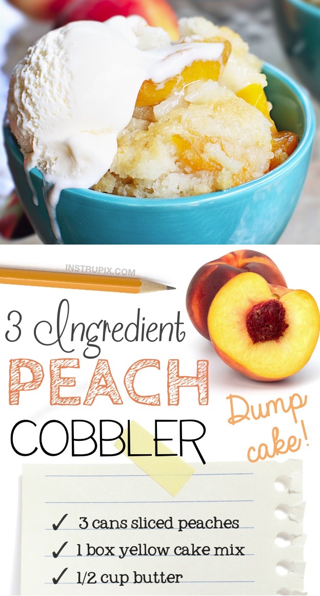 Quick and easy homemade peach cobbler dump cake made with just 3 ingredients! A box of yellow cake mix, canned peaches and butter. So simple! This is the BEST easy summer fruit dessert recipe! #instrupix