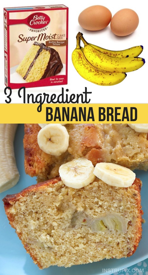 Easy Moist Banana Bread Recipe (3 Ingredients!) This super simple banana bread recipe is made with just a box of cake mix, eggs and bananas. Awesome with chocolate chips, too! #instrupix 