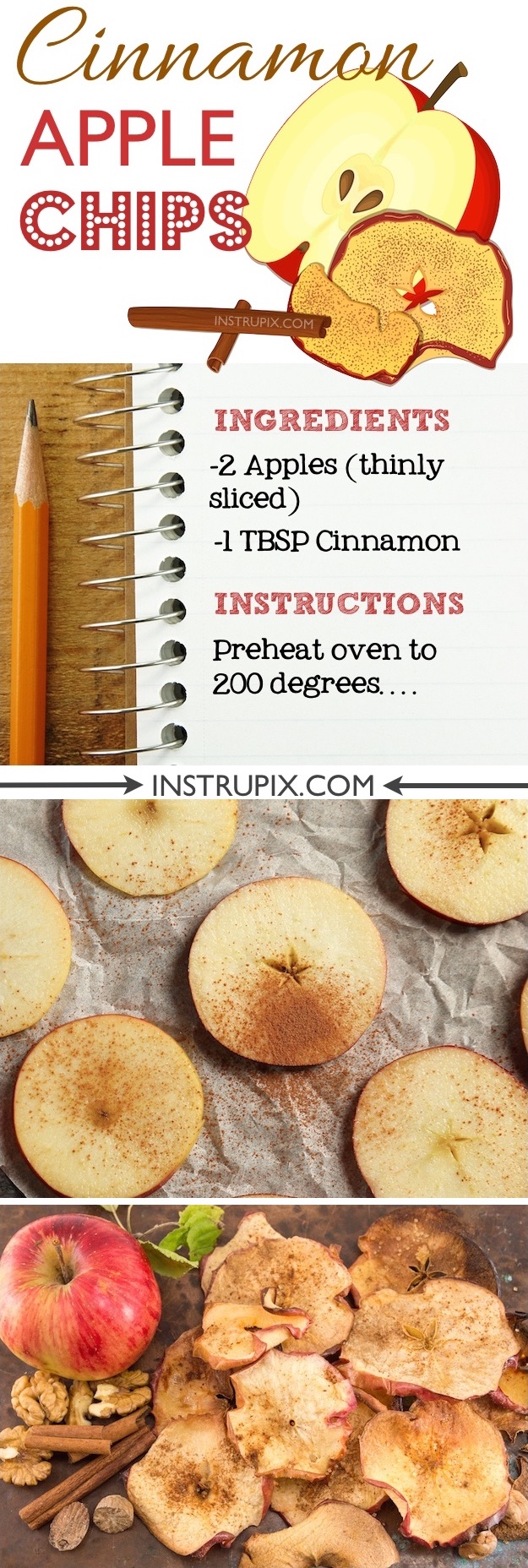 Healthy homemade baked apple chips recipe in the oven! Quick and easy with only 2 ingredients! Instrupix.com