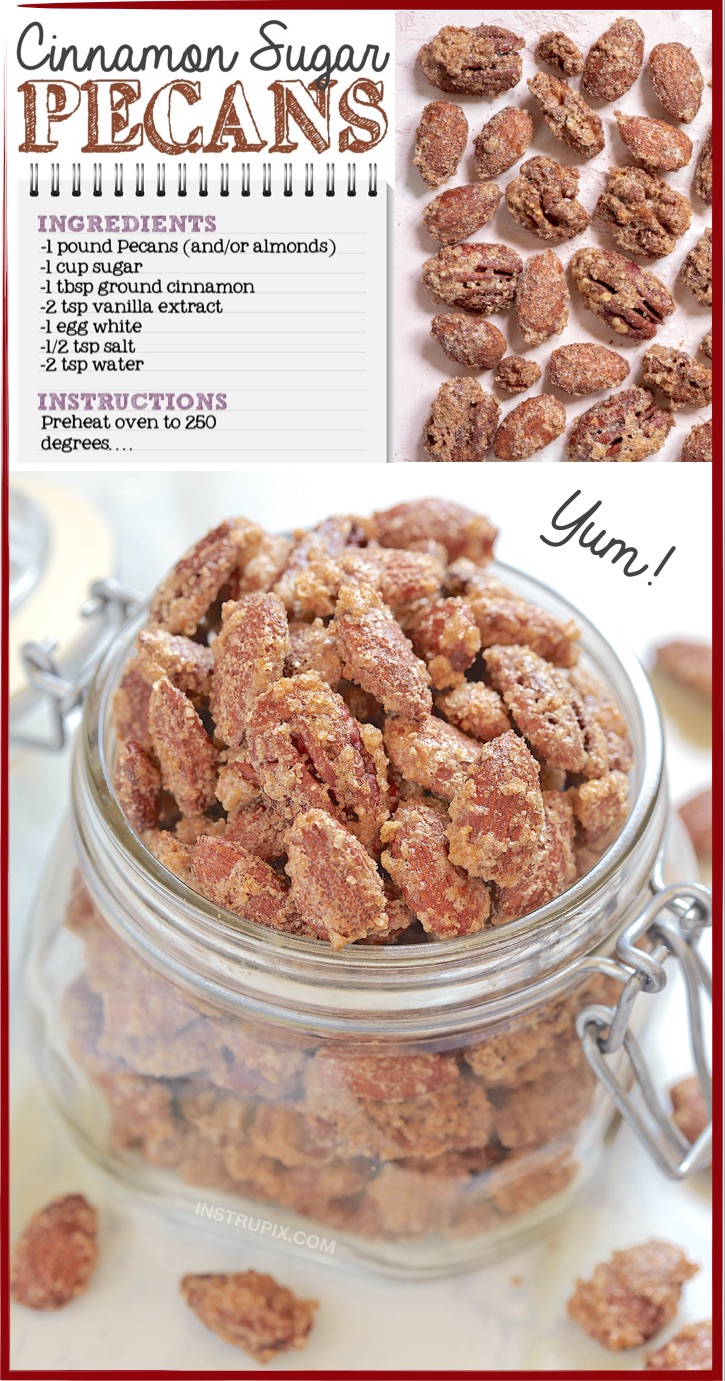 Easy cinnamon sugar pecans and almonds recipe. Perfect Christmas or Thanksgiving appetizer for a party! These make for fabulous holiday gifts, too. The best make ahead snacks and treats for any holiday party. #instrupix