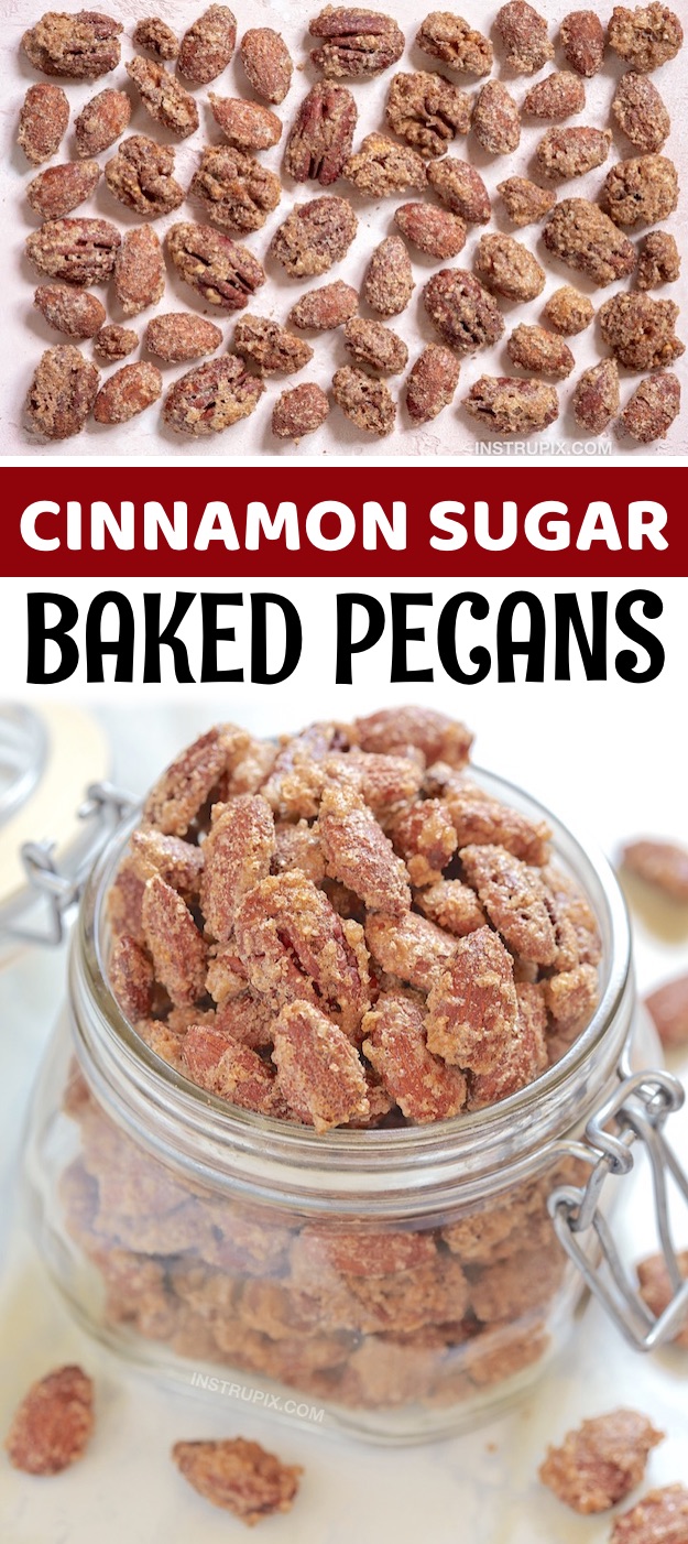 Homemade Baked Cinnamon Sugar Pecans - A fabulous holiday treat idea and finger food idea! You can use pecans, almonds or a combination of both. These homemade baked candied nuts are my favorite party food for any time during the holidays, especially Christmas. They are the perfect little snacks for family gatherings and parties. I’m always on the hunt for quick and easy make ahead party food ideas, and these candied pecans and almonds are always on the menu at my house. So easy to make, too! 