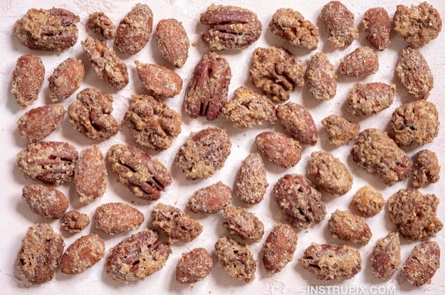 Easy party snacks and appetizers for the holidays! Candied Pecans and/or Almonds made in the oven. So quick, easy and simple for Christmas, Thanksgiving, or any holiday party. 
