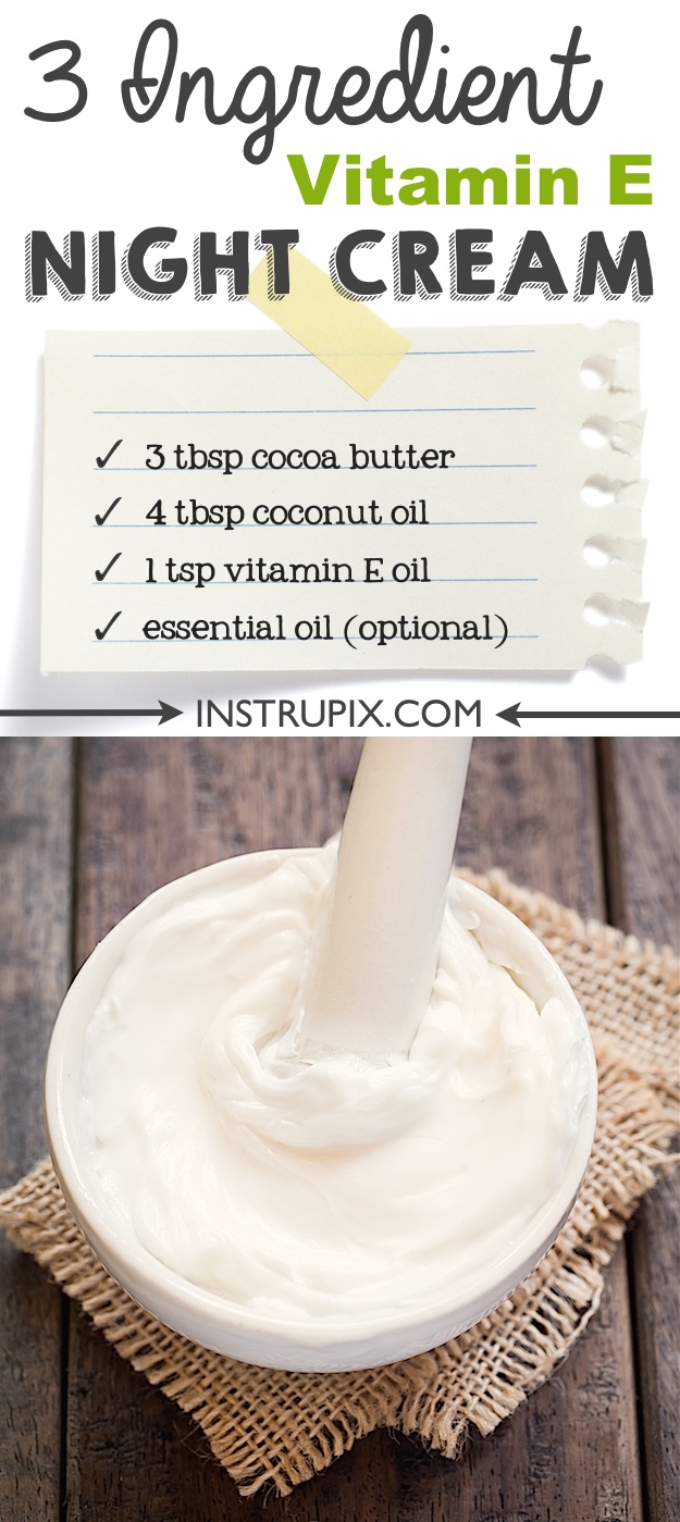 Easy DIY night cream made with just 3 ingredients! This could also be used as a body butter! It's so luxurious! It's perfect for moisturizing, fine lines and healing dry, dull skin. Instrupix.com