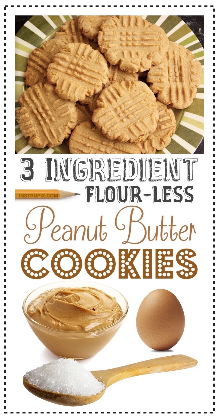 The BEST 3 Ingredient Soft and Chewy Peanut Butter Cookies - No flour, gluten free, quick, easy, homemade and simple to make! The best cheap peanut butter dessert recipe, ever!