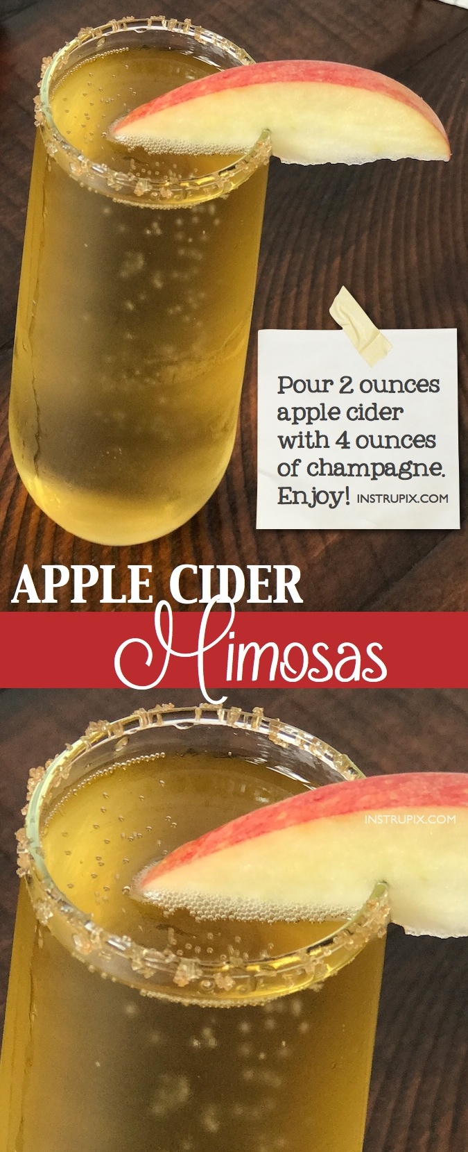 Easy Apple Cider Mimosa Recipe (made with champagne or prosecco) | 6 easy holiday cocktail recipes using just 2 ingredients! All made with alcohol for adults. These drinks are perfect for Christmas or Thanksgiving, and super easy for a crowd. A variety of whiskey, vodka and wine. Instrupix.com