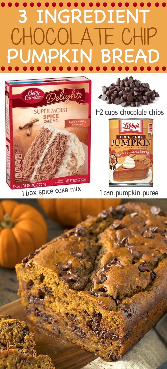 This quick and easy and super moist chocolate chip pumpkin bread is made with just 3 simple ingredients! Spice cake mix, pumpkin puree and chocolate chips. It's my favorite easy pumpkin breakfast or snack recipe for Fall.