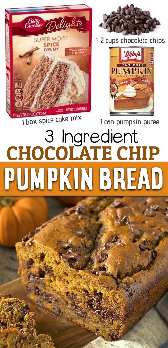 quick and easy pumpkin bread recipe made with boxed cake mix plus some optional chocolate chips.