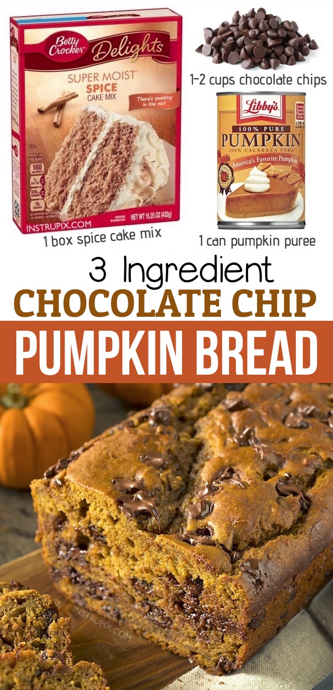 Moist Chocolate Chip Pumpkin Bread -- I just love the store-bought cake mixes! You can make quick and easy breads, muffins & cookies in so many flavors. This simple pumpkin bread is super quick and easy to make with just a few ingredients: Betty Crocker spice cake mix, canned pumpkin puree, and chocolate chips-- no eggs! So moist and delicious! This recipe make one loaf, and it will disappear in seconds. An easy fall breakfast, snack or even dessert recipe. Great with cream cheese! You family will love it. #pumpkin #fall #instrupix