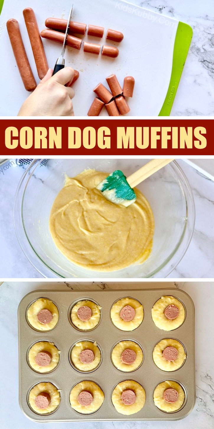 Mini Corn Dog Muffins | A fun and easy after school snack idea or even last minute dinner. Kids love them! They're quick and easy to make with just a few ingredients including boxed cornbread mix and hot dogs. If you're looking for creative food ideas for kids, these little cornbread hot dogs are always a hit.