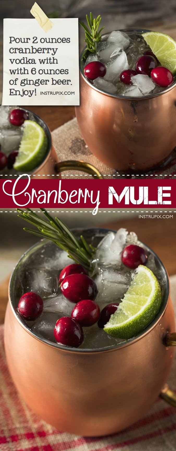 Christmas Cranberry Moscow Mule Recipe | 6 easy holiday cocktail recipes using just 2 ingredients! All made with alcohol for adults. These drinks are perfect for Christmas or Thanksgiving, and super easy for a crowd. A variety of whiskey, vodka and wine. Instrupix.com