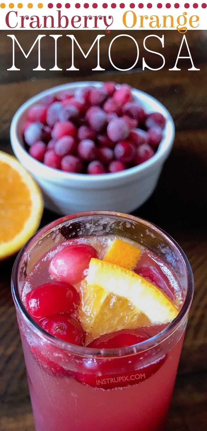 Looking for easy holiday drinks with alcohol for adults? This cranberry orange mimosa is perfect for Christmas or Thanksgiving brunch! Great for parties or family get-togethers. Try this drink on Christmas morning! So simple with just sparkling wine (champagne or presseco), plus cranberry and orange juice. #holidays #drinks #cocktails #christmas 