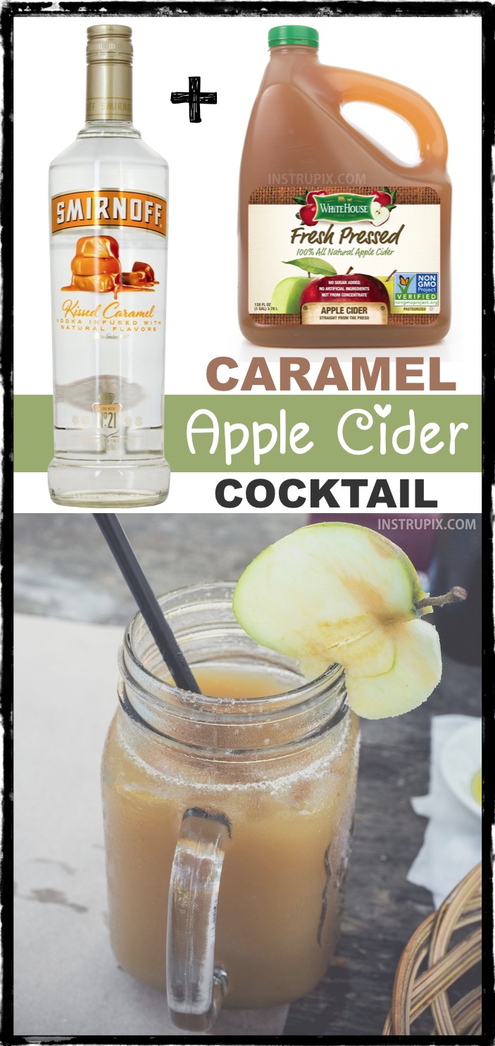 List of 2 ingredient holiday cocktails! This caramel apple cider cocktail recipe with alcohol is perfect for adults at Thanksgiving or Christmas! Great for a party! So easy. | Instrupix