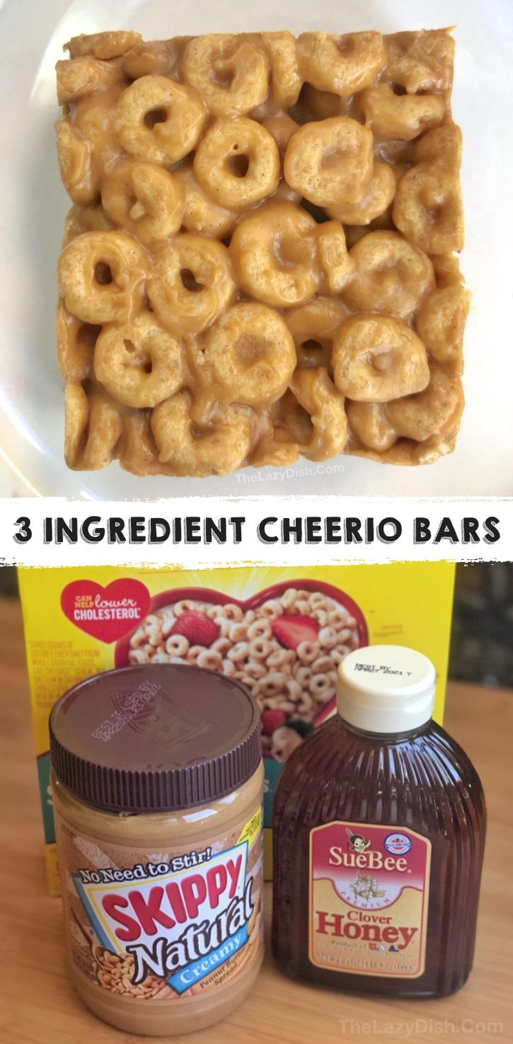 Super quick, easy and healthy snack ideas for kids! These peanut butter cheerio bars are made with just 3 simple and cheap ingredients. Great for on the go, sports, school lunch or after school snack. Even picky eaters love this simple snack recipe. #3ingredients #snacksforkids 