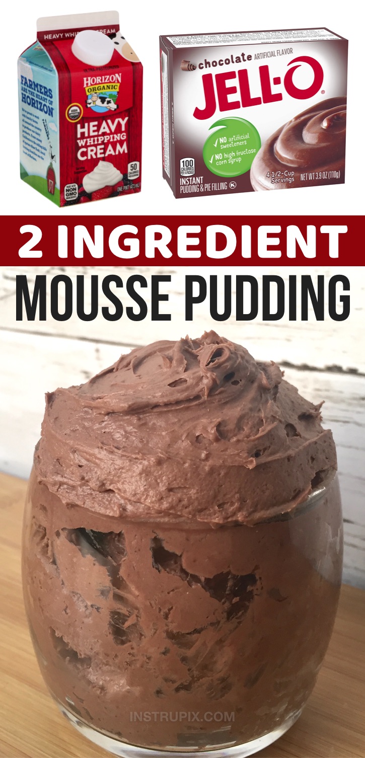 2 Ingredient Mousse | A quick and easy no bake dessert recipe! I don’t know about you, but I’ve never been much of a pudding fan… it’s just kind of…. well, boring. BUT, if you mix instant pudding with heavy cream instead of milk, you won’t believe the awesomeness it creates! It’s like a mix between a rich fudge and a mousse. You can make this mousse in any flavor of Jello that you'd like-- chocolate, vanilla, banana, lemon, strawberry, etc. You only need a spoonful or two to satisfy your sweet tooth!