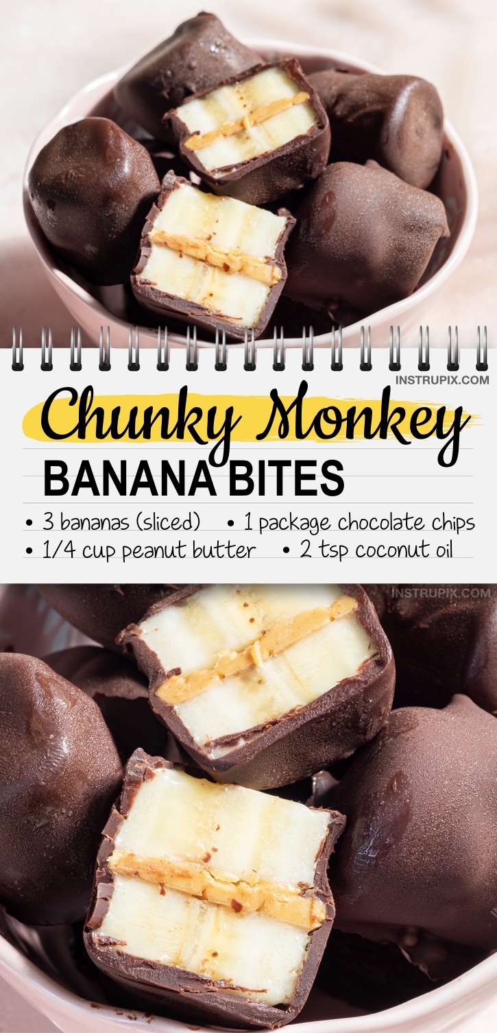 Easy and healthy kids snack and treat ideas. Chunky Monkey Banana Bites (made with bananas, chocolate and peanut butter). Freeze and enjoy! These kids snacks are perfect for hot summer days. Just 4 simple and cheap ingredients! Perfect for picky eaters and kids of all ages! #kidssnacks #funfood #chocolate #peanutbutter #healthysnacks 