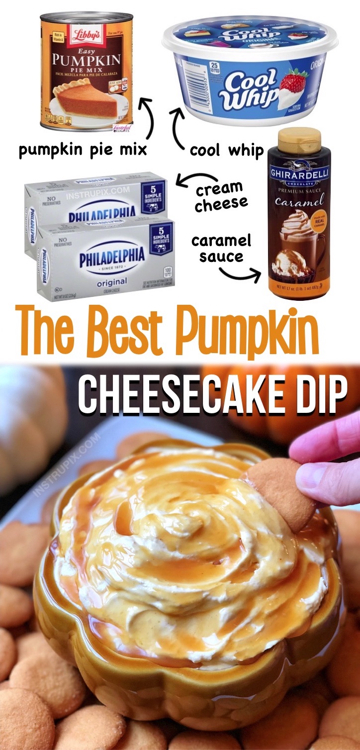 This heavenly treat is so simple to make with just a few ingredients! Cream cheese, pumpkin pie mix, cool whip and caramel. If you're looking for easy and impressive fall dessert ideas for Halloween, Thanksgiving or Christmas, this pumpkin pie cheesecake dip is always a hit for parties and family gatherings! A wonderful no bake party dessert everyone will love. Serve with graham crackers, Nilla wafers or gingerbread snaps. A great finger food served as an appetizer or sweet snack, too. 