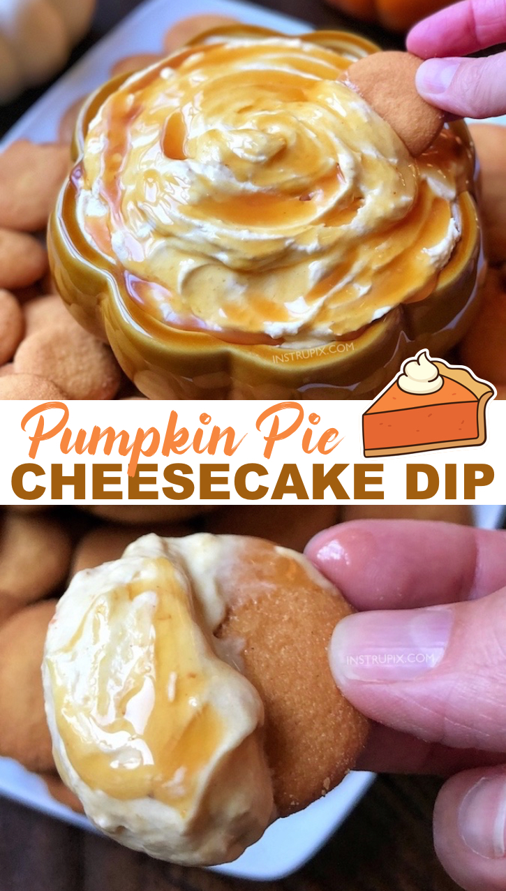 Looking for easy pumpkin desserts with cream cheese? This simple pumpkin pie cheesecake dip is made with just 4 ingredients! Serve with Nilla wafers, graham crackers, ginger snaps, or anything else you'd like! It's the best fall dessert for Thanksgiving or Halloween. #instrupix #pumpkinspice 