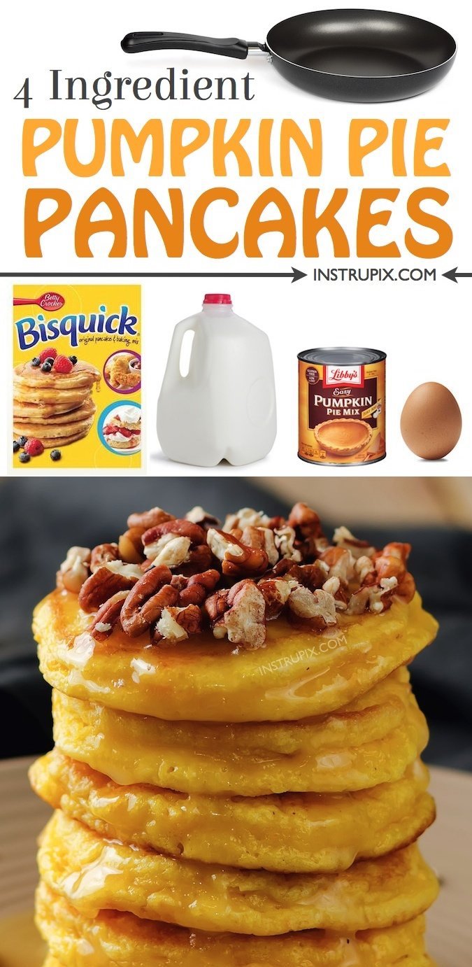 Looking for easy fall breakfast ideas? These pumpkin pancakes are made with just 4 simple and cheap ingredients! Biquick, pumpkin pie mix, milk and an egg. They are super fluffy and delish! These easy homemade pancakes will definitely get your cravings for pumpkin spice taken care of. Top with pecans or chocolate chips for added crunch. A staple fall recipe in my house every year. Great for Thanksgiving when you have family over. #fall #pumpkinspice #pancakes #instrupix 