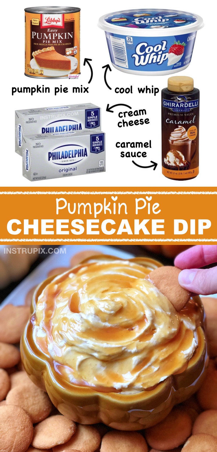 LOVE this recipe! Easy pumpkin pie cheesecake dip! This quick recipe is made with just 4 ingredients... no baking or planning required! It's SOO GOOD. Perfect for fall parties or Thanksgiving dessert. | Instrupix