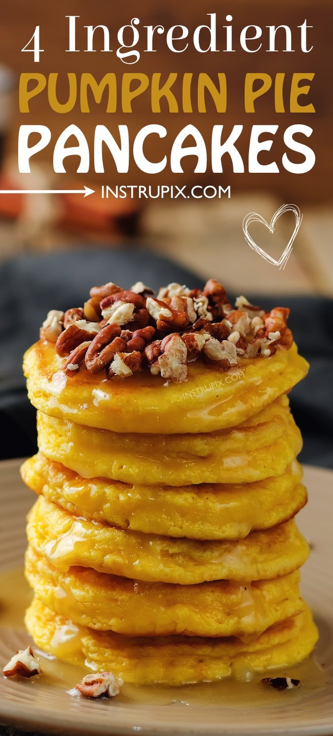 Easy pumpkin pie pancakes made with just 4 ingredients! These pumpkin spice pancakes are AMAZING! Made with bisquick, pumpkin pie filing, milk and an egg. The perfect fall breakfast idea! Instrupix.com