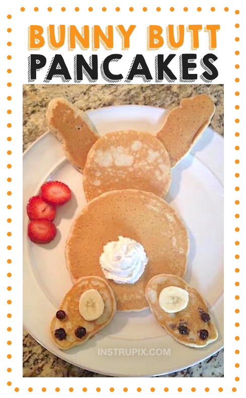 Super fun and easy food ideas for kids! Bunny Pancakes -- a cute breakfast idea for spring and Easter. These quick, easy and fun food and snack ideas for kids are perfect for picky eaters and toddlers. Adorable homemade breakfast pancakes that look like a bunny rabbit.