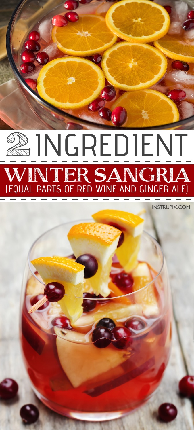 Easy Christmas Sangria Recipe made with red wine and ginger ale. | 6 easy holiday cocktail recipes using just 2 ingredients! All made with alcohol for adults. These drinks are perfect for Christmas or Thanksgiving, and super easy for a crowd. A variety of whiskey, vodka and wine. Instrupix.com