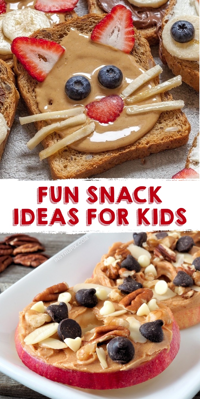 Looking for fun, easy and healthy snack ideas for kids? Here are some quick and creative recipes for on the go, at home, sports, after school, parties and their lunchbox. Simple ideas for toddlers, children and teens! Clean eating has never been so much fun. Everything from fruit and veggies to toast and energy balls. Even your picky eaters will love to make these healthy and cute snack recipes. Great for back to school! #snackideas #healthysnacks #kids #instrupix