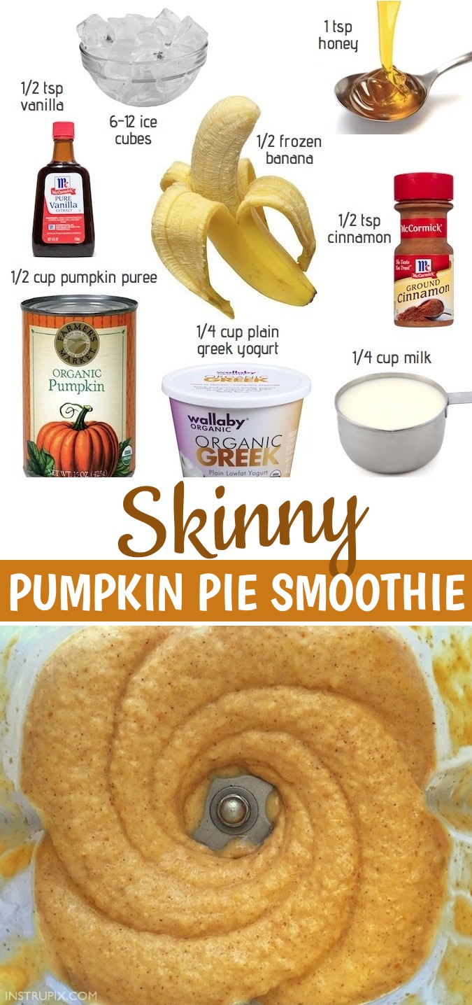 Are you ready for fall but it's still hot outside? This easy and healthy pumpkin pie smoothie will satisfy your pumpkin cravings! It's quick, easy, low calorie and delicious! It's made with simple cleaning eating ingredients like banana, greek yogurt, almond milk, pumpkin puree and honey. Skinny and Guilt free! It's a nice cold treat for when you're ready for yummy fall treats. If you're looking for healthy pumpkin recipes, this can be enjoyed for breakfast, dessert or a snack. #fall #pumpkinspice