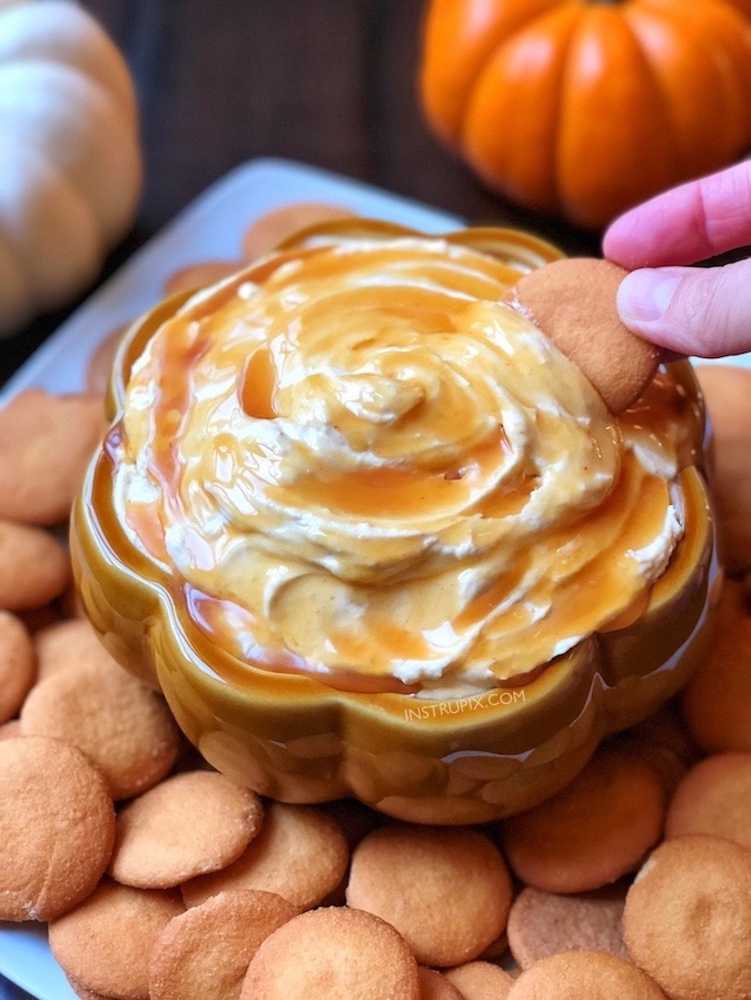 No bake, quick and easy pumpkin dessert! Caramel Pumpkin Pie Cheesecake Dip Recipe (made with cream cheese, cool whip, pumpkin pie mix and caramel!) Serve with ginger snaps, Nilla Wafers, pretzels, graham crackers or apples. Perfect for Fall and Thanksgiving! Instrupix.com 