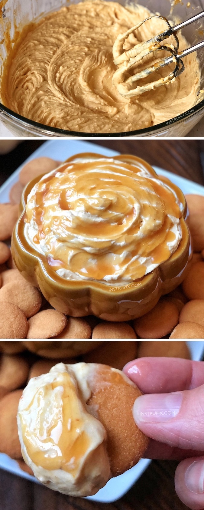No bake, quick and easy pumpkin dessert! Caramel Pumpkin Pie Cheesecake Dip Recipe (made with cream cheese, cool whip, pumpkin pie mix and caramel!) Serve with ginger snaps, Nilla Wafers, pretzels, graham crackers or apples. Perfect for Fall, Halloween and Thanksgiving! Instrupix.com