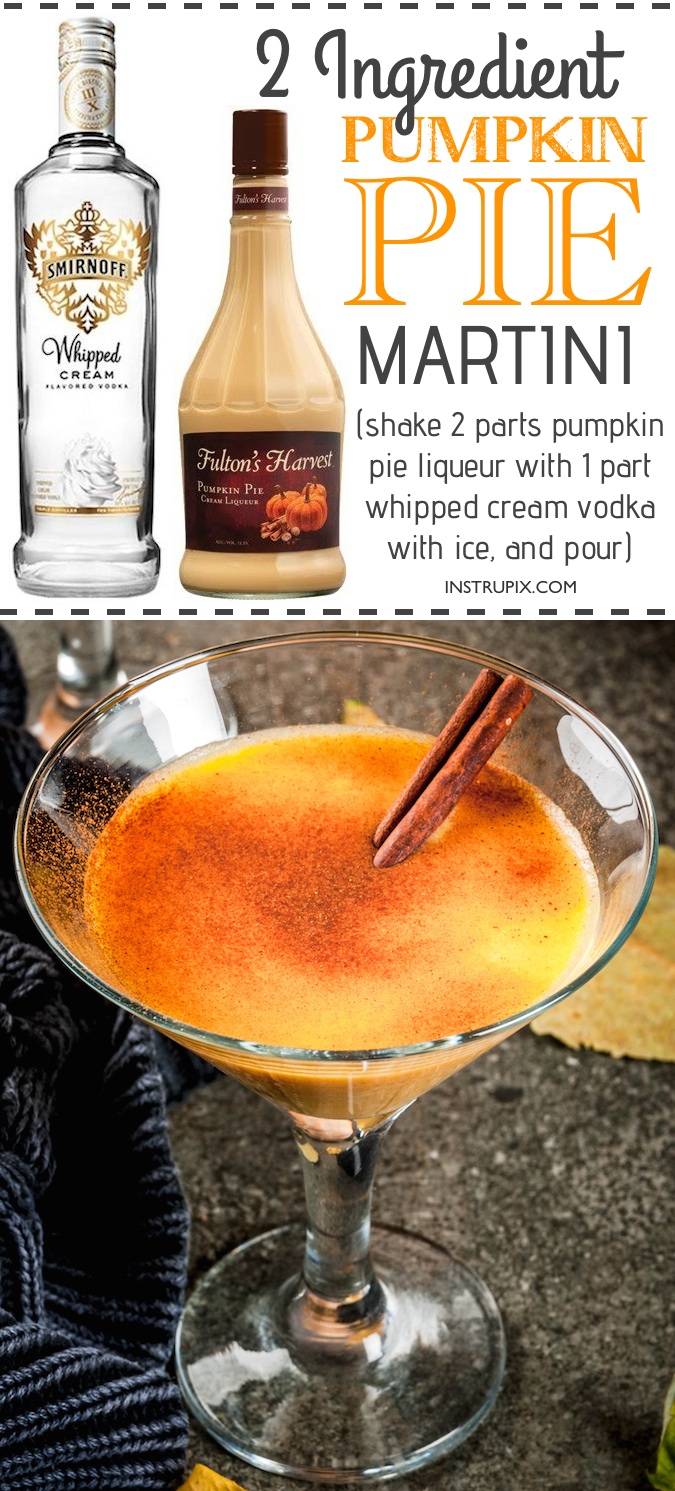 Easy Pumpkin Martini Recipe | 6 easy holiday cocktail recipes using just 2 ingredients! All made with alcohol for adults. These drinks are perfect for Christmas or Thanksgiving, and super easy for a crowd. A variety of whiskey, vodka and wine. Instrupix.com