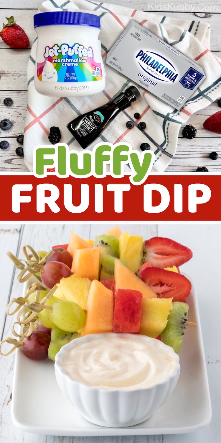 The best dip for fruit! Just a few ingredients including marshmallow fluff and cream cheese. A super fun way to eat fruit. My kids go crazy for it! Try packing it up in their lunch box, you'll be the coolest mom, ever.