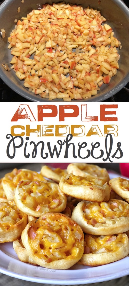 Looking for easy Pillsbury Crescent Dough Sheet Recipes? These baked pinwheels are quick, easy and made with simple ingredients! Apple Cheddar Pinwheel Roll Ups (An amazing appetizer or snack idea). Perfect for parties as an appetizer or just a comforting snack idea for the family. 