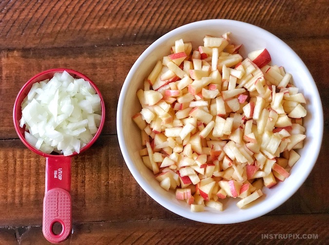 Diced apples and onion for Apple Cheddar Pinwheels Recipe