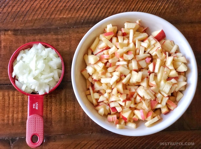 Diced apples and onion for Apple Cheddar Pinwheels Recipe