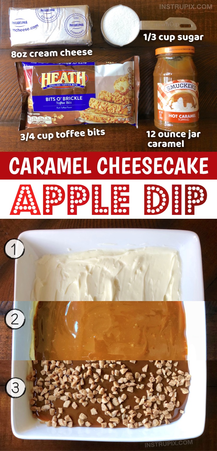 Looking for easy desserts with few ingredients to feed a crowd? This no bake caramel cheescake apple dip is so simple to make with just 4 ingredients: cream cheese, sugar, caramel and toffee bits. Serve with sliced apples! It's a fabulous treat, appetizer or dessert for holiday parties, Christmas, Thanksgiving, Halloween or anytime in the fall. A super quick make ahead, cold dessert recipe everyone will love. Budget friendly, too. Kids and adults love this easy sweet treat! #desserts #cheesecake