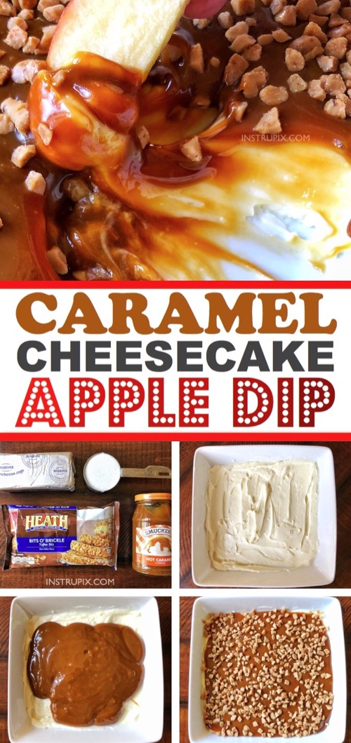 Easy Fall dessert and appetizer idea! Made with just 4 ingredients: cream cheese, caramel, sugar and toffee bits. A real crowd pleaser! Caramel Cheesecake Apple Dip Recipe #instrupix