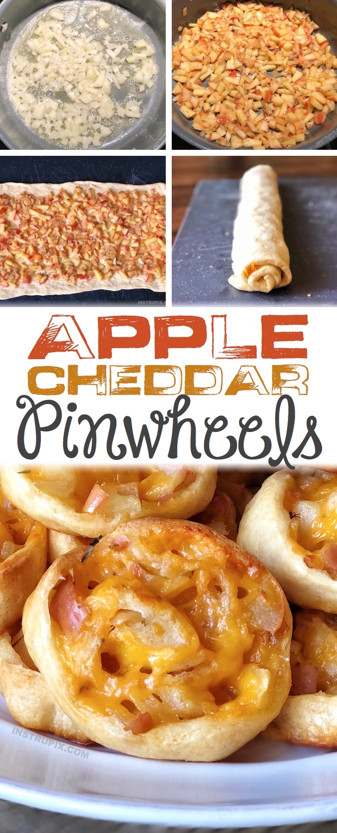 Apple Cheddar Pinwheels Recipe | This easy Thanksgiving and fall appetizer recipe idea is always a hit at parties or family get-togethers! The combination of apples and cheddar is delicious! They warm baked roll ups taste like sweet stuffing. They are a yummy snack too! Instrupix.com 