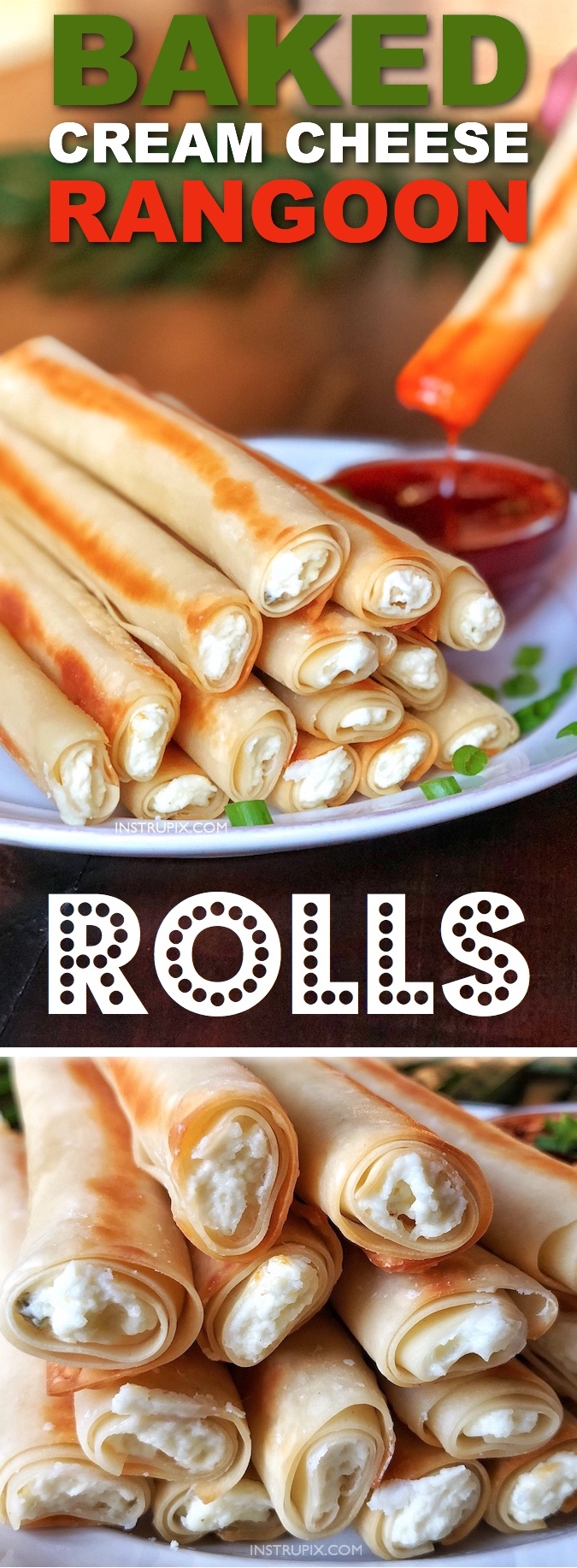 Baked Cream Cheese Rangoon Rolls -- an easy appetizer or snack idea! The most delicious finger food, EVER. Kids and adults love them. Instrupix.com