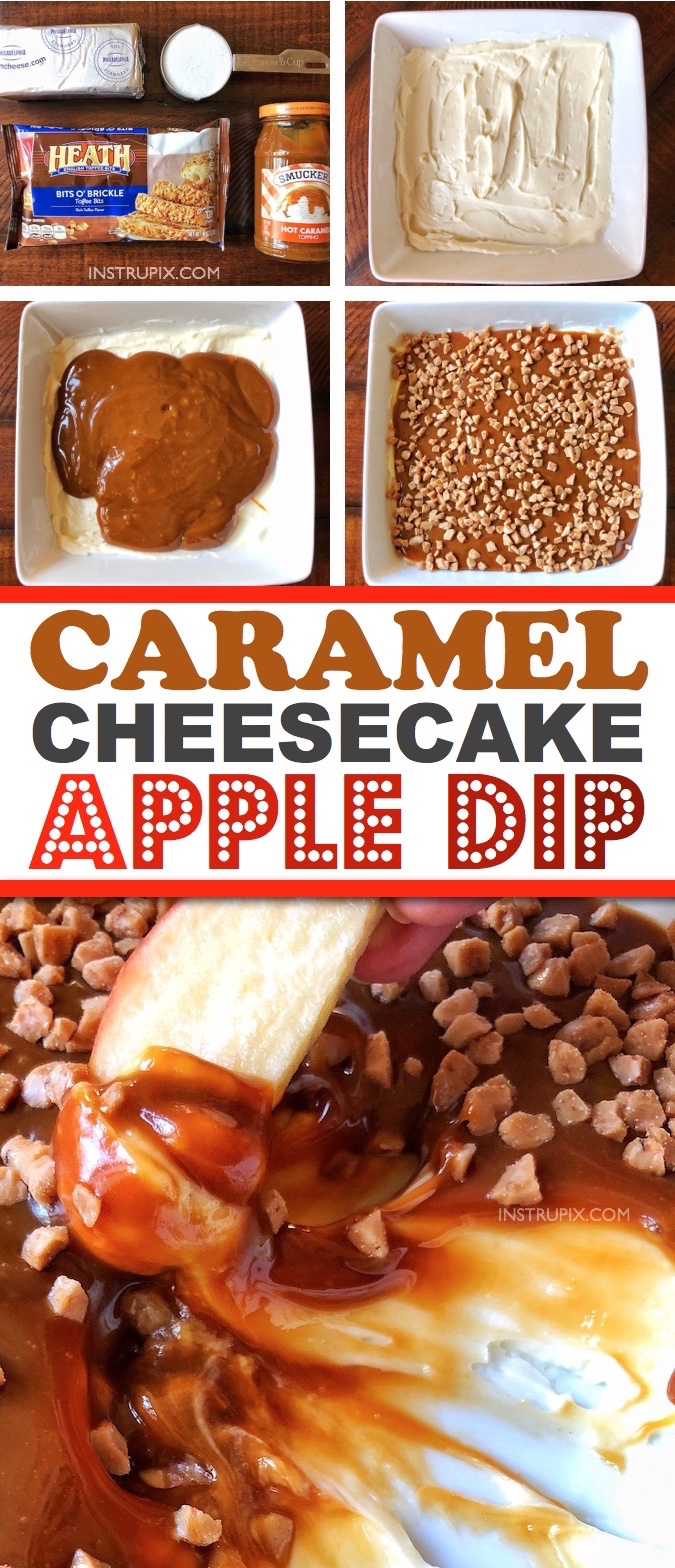 Easy No Bake Caramel Cheesecake Apple Dip Appetizer -- the BEST dessert recipe for parties and the holidays! Perfect for Christmas and Thanksgiving, and this simple 4 ingredient sweet dip feeds a crowd. Plus you can make this easy dessert dip ahead of time! Instrupix.com