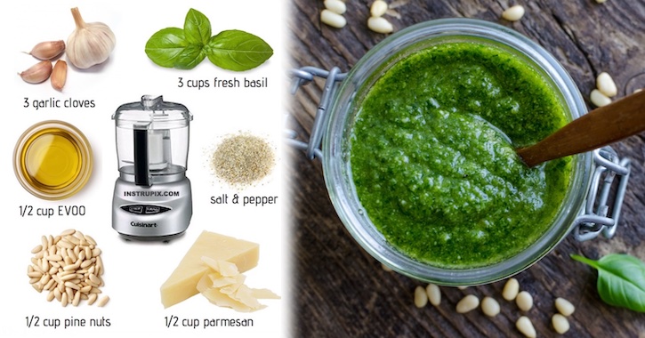 The best quick and easy homemade basil pesto sauce! Simple to make with basil, olive oil, garlic, parmesan cheese and pine nuts in your food processor. Yummy sauce for pasta or dipping!