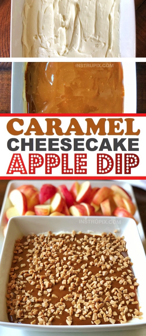 Looking for party food ideas? This easy no bake party dip is super simple and quick to make with just 4 ingredients! Cold Caramel Cheesecake Apple Dip Party Appetizer For A Crowd. Perfect for parties! Especially Christmas and Thanksgiving. It can be made on a budget, too. Kids and adults love this easy party dessert! Made with cream cheese, caramel, toffee bits and sugar. Yum! Serve with sliced apples.