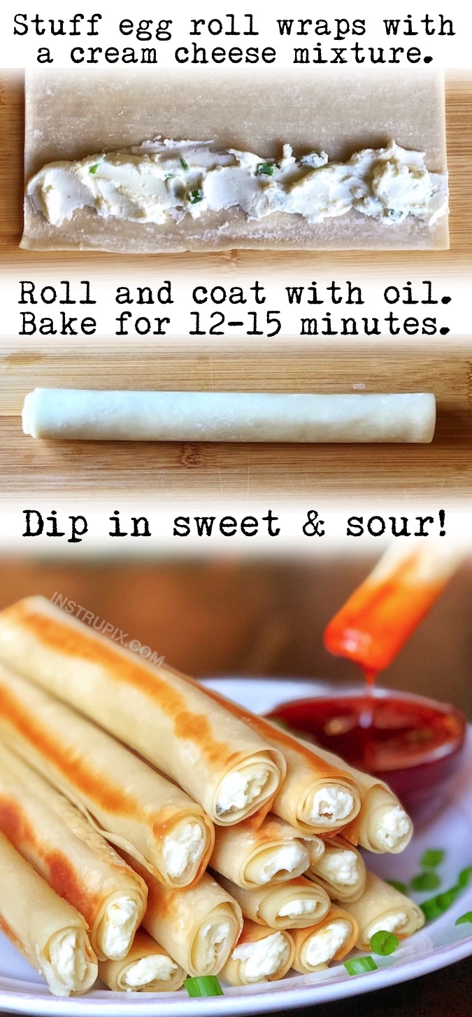 Fun Food Ideas (Snacks, Meals & More) | Cream Cheese Rangoon Rolls -- A quick and easy snack idea! These taste just like the Panda Express rangoons, only they are baked instead of fried. Simple stuff egg roll wraps with this delicious cream cheese filling, roll, coat with oil and bake! So yummy dipped in sweet and sour sauce. If you're looking for fun and easy snack ideas to make at home, this cream cheese finger food is amazing. Some serious comfort food! Great for special occasions. 