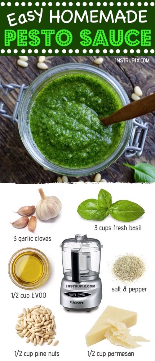 Quick and easy basil pesto recipe for pasta, sandwiches, dips, spreads, chicken, veggies, dinner and more! #instrupix